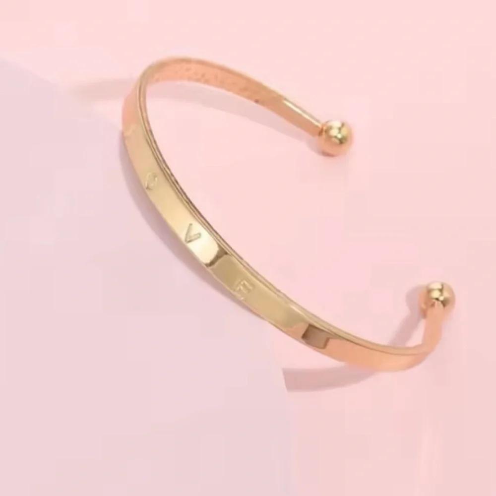Minimalist LOVE Cuff Bangle Bracelet | Gold Tone Open Bangle | Stackable Jewelry